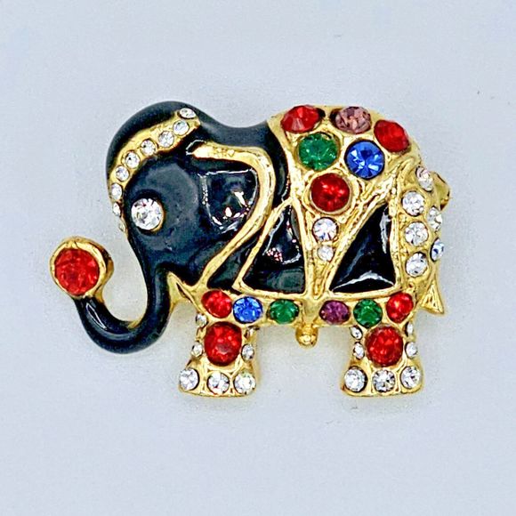 Vintage Jeweled Elephant Brooch Black Enamel Indian Asian Gold Tone Jewelry Pin - Picture 4 of 10